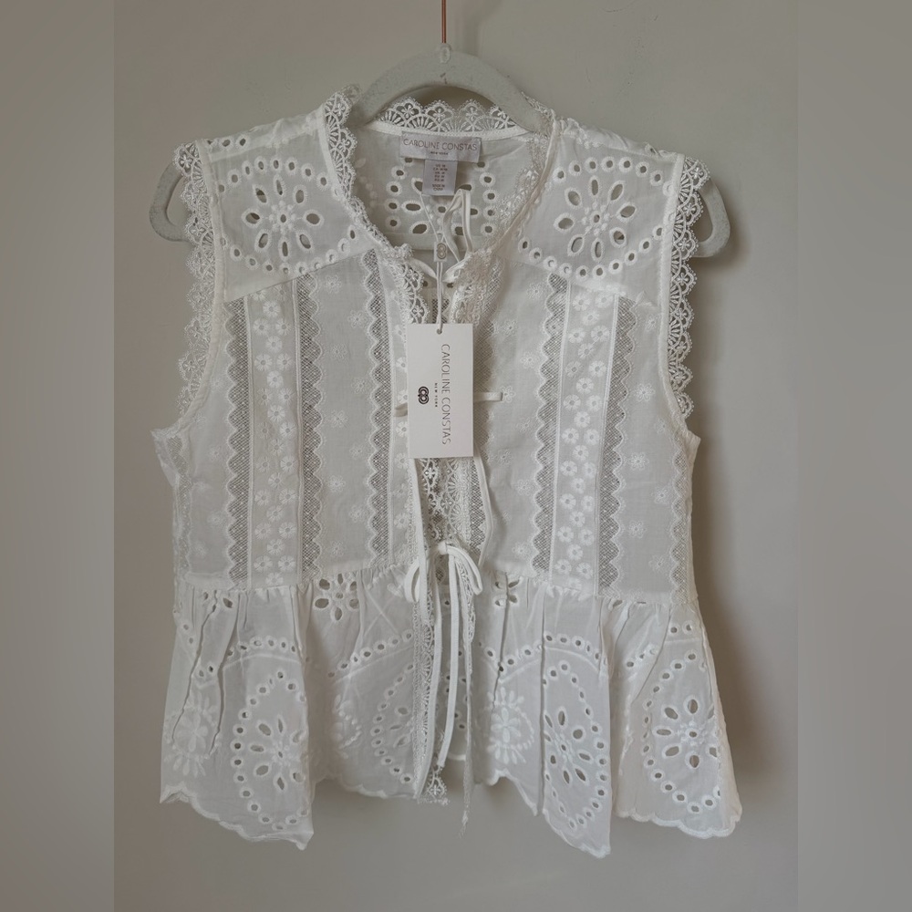 Caroline Constas White eyelet embroidered Lace Sleeveless bow Top